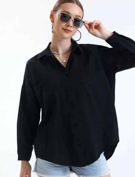 Kadın Siyah Cepli Oversize Uzun Basic Poplin Gömlek