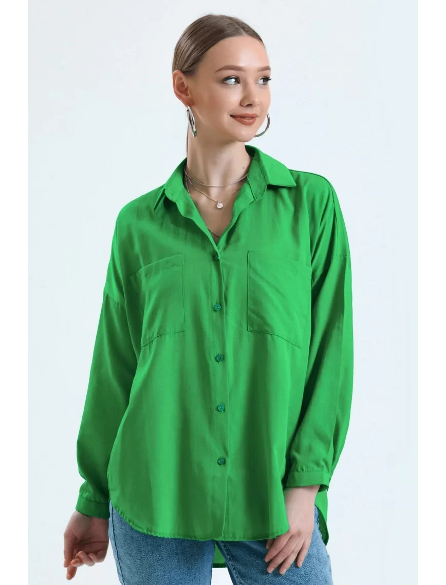 Kadın Yeşil Cepli Oversize Uzun Basic Poplin Gömlek Kadın Yeşil Cepli Oversize Uzun Basic Poplin Gömlek