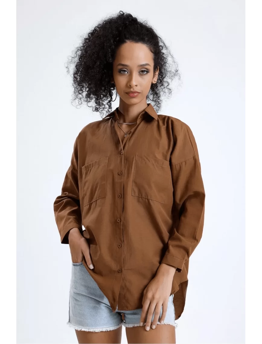 Kadın Kahve Cepli Oversize Uzun Basic Poplin Gömlek Kadın Kahve Cepli Oversize Uzun Basic Poplin Gömlek