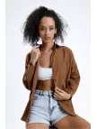Kadın Kahve Cepli Oversize Uzun Basic Poplin Gömlek Kadın Kahve Cepli Oversize Uzun Basic Poplin Gömlek