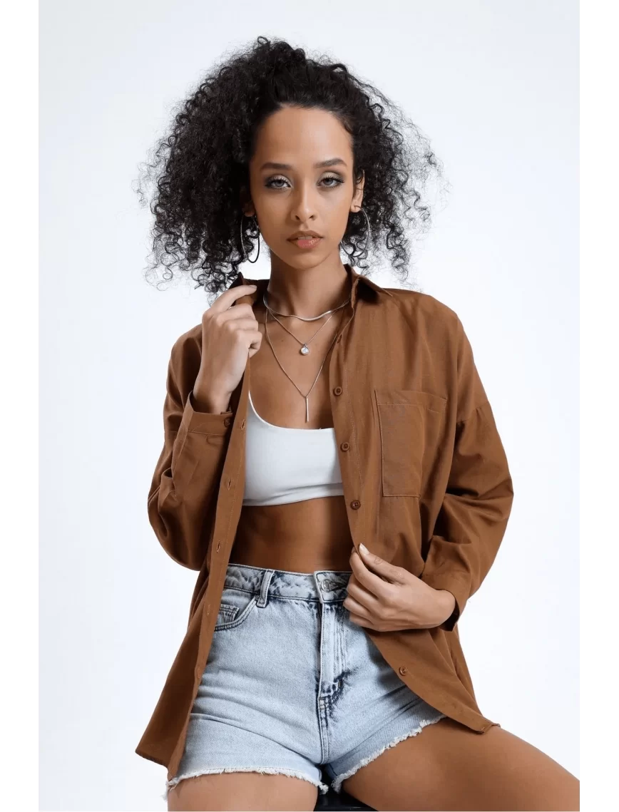 Kadın Kahve Cepli Oversize Uzun Basic Poplin Gömlek Kadın Kahve Cepli Oversize Uzun Basic Poplin Gömlek